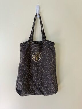 Tory Burch Black and Brown Leopard Canvas Tote with Gold Logo